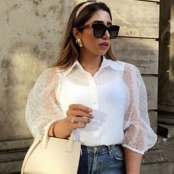 Zara Swiss Dot Organza Puff Sleeve Blouse - Picture 8 of 16